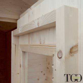 Holzhütte 1,5x1 m, angelehnt, Jack für Werkzeuge, mit einzelner verglaster Tür