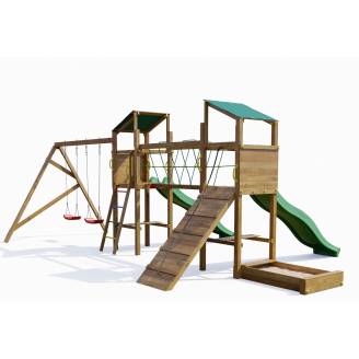 Holzspielplatz Playland SunFest TGG Play mit Sandkasten, Klettergerüst, Picknicktisch, zwei Schaukeln und Rutschen