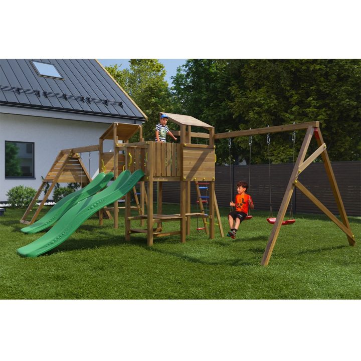 Playland BigFun TGG Play Holzspielplatz mit 3 Schaukeln, 2 Rutschen, Klettergerüst, Picknicktisch