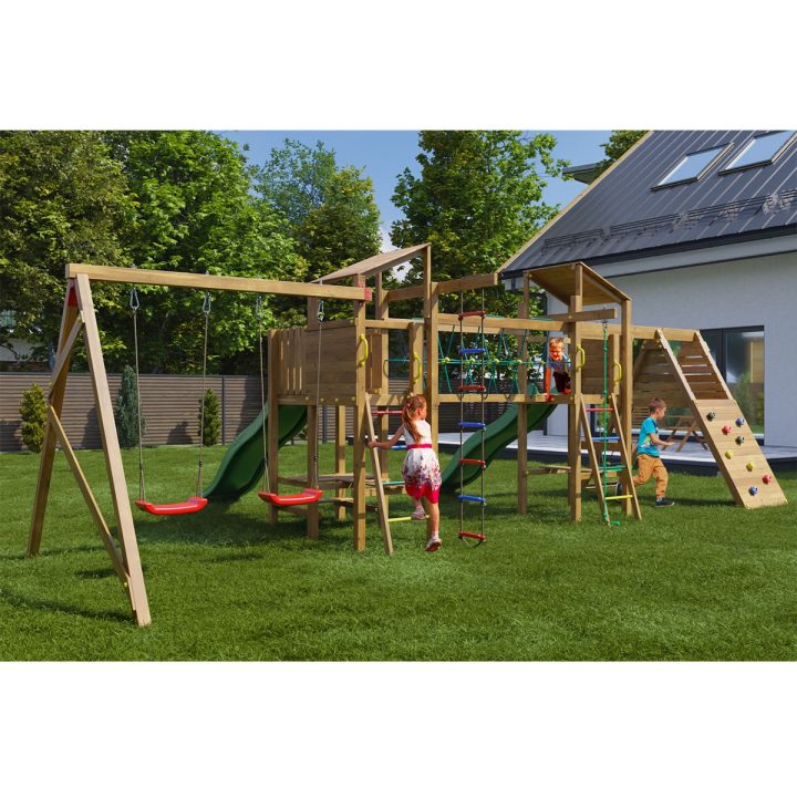 Playland BigFun TGG Play Holzspielplatz mit 3 Schaukeln, 2 Rutschen, Klettergerüst, Picknicktisch