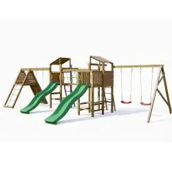 Playland BigFun TGG Play Holzspielplatz mit 3 Schaukeln, 2 Rutschen, Klettergerüst, Picknicktisch