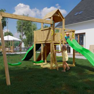 Holzspielplatz Woody Tree House TGG Play mit zwei Rutschen, zwei Schaukeln und Sandkasten für den Garten