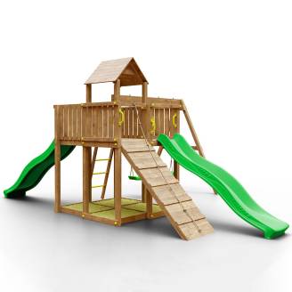 Holzspielplatz Woody Tree House TGG Play mit zwei Rutschen, zwei Schaukeln und Sandkasten für den Garten