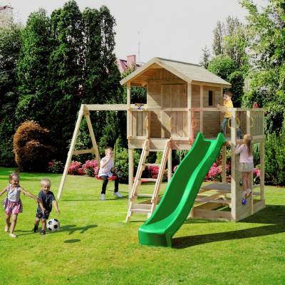 Fungoo Moonlight Holzspielhaus mit Rutsche und zwei Schaukeln