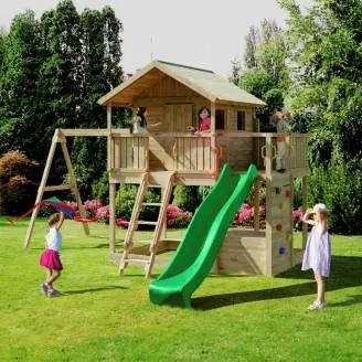 Fungoo Sunshine Holzspielhaus mit Rutsche und zwei Schaukeln