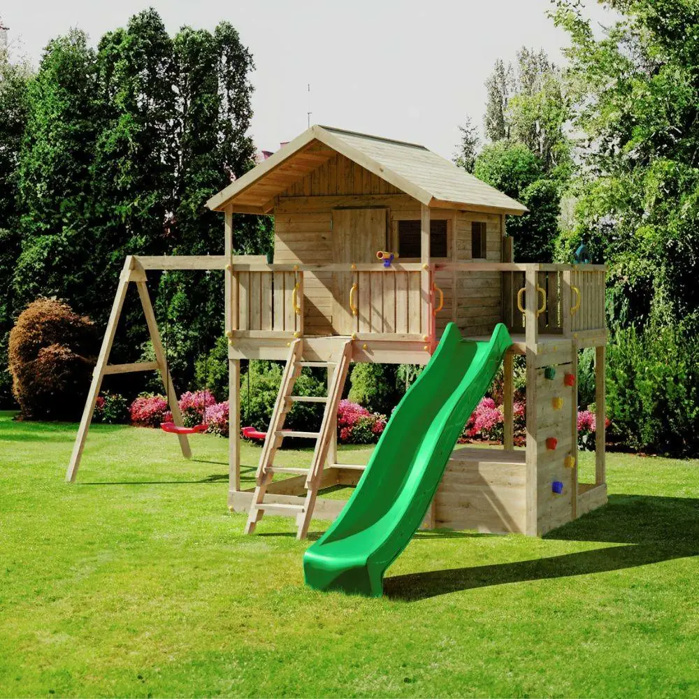 Fungoo Sunshine Holzspielhaus mit Rutsche und zwei Schaukeln