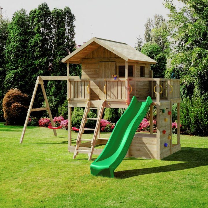 Fungoo Sunshine Holzspielhaus mit Rutsche und zwei Schaukeln