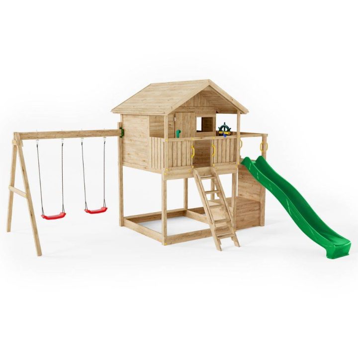 Fungoo Sunshine Holzspielhaus mit Rutsche und zwei Schaukeln