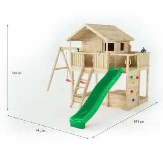 Fungoo Sunshine Holzspielhaus mit Rutsche und zwei Schaukeln