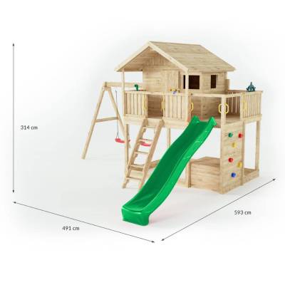 Fungoo Sunshine Holzspielhaus mit Rutsche und zwei Schaukeln