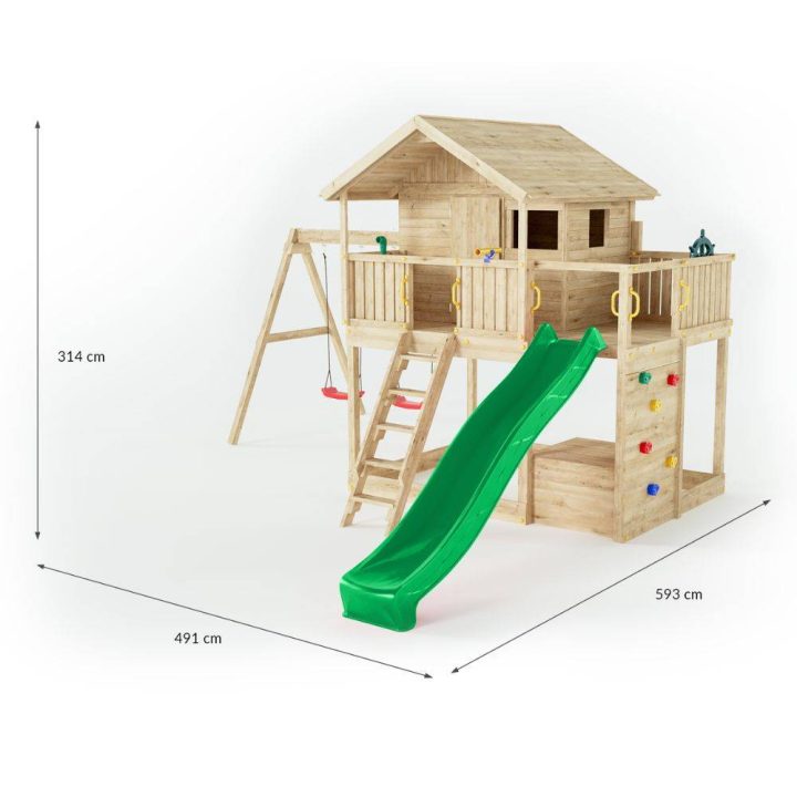 Fungoo Sunshine Holzspielhaus mit Rutsche und zwei Schaukeln