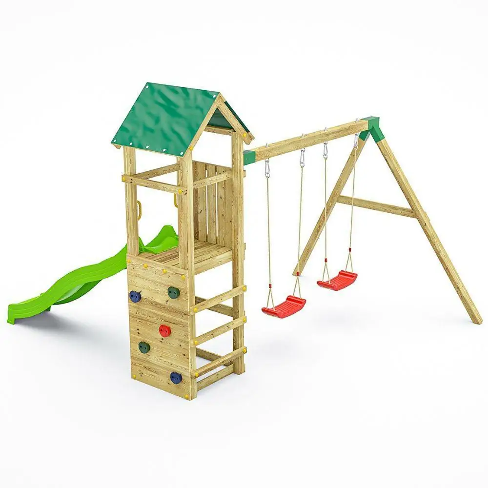 Fungoo Charly Holz-Gartenspielplatz mit Rutsche, zwei Schaukeln und Kletterwand