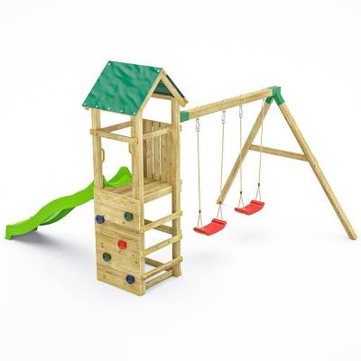 Fungoo Charly Holz-Gartenspielplatz mit Rutsche, zwei Schaukeln und Kletterwand