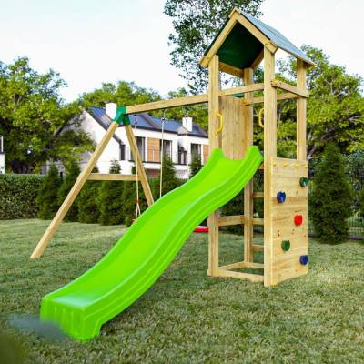 Fungoo Charly Holz-Gartenspielplatz mit Rutsche, zwei Schaukeln und Kletterwand