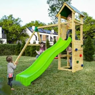 Fungoo Charly Holz-Gartenspielplatz mit Rutsche, zwei Schaukeln und Kletterwand