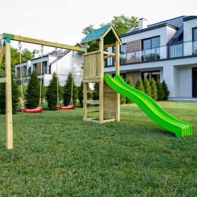 Fungoo Charly Holz-Gartenspielplatz mit Rutsche, zwei Schaukeln und Kletterwand