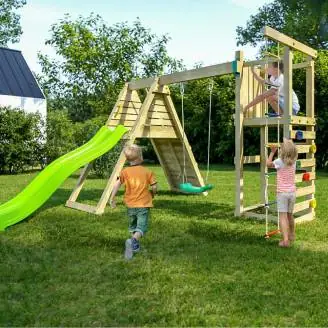 Fungoo Climber Gartenspielset aus Holz mit Klettergerüst, Rutsche und Schaukeln