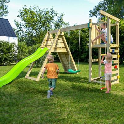 Fungoo Climber Gartenspielset aus Holz mit Klettergerüst, Rutsche und Schaukeln