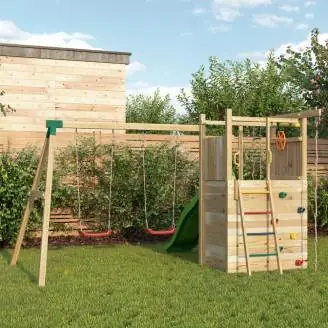 Fungoo Houser Holzspielplatz mit Rutsche, zwei Schaukeln und einem Spielhaus