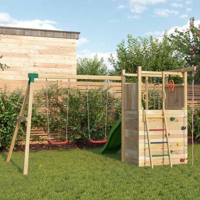 Fungoo Houser Holzspielplatz mit Rutsche, zwei Schaukeln und einem Spielhaus