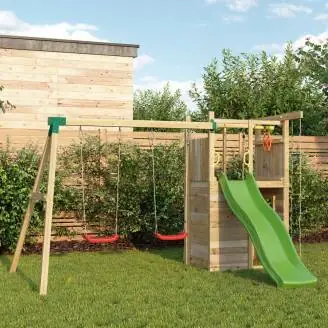 Fungoo Houser Holzspielplatz mit Rutsche, zwei Schaukeln und einem Spielhaus