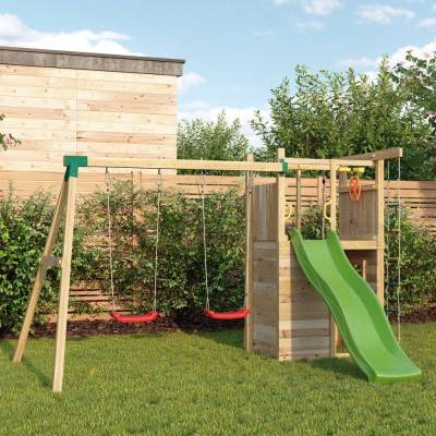 Fungoo Houser Holzspielplatz mit Rutsche, zwei Schaukeln und einem Spielhaus