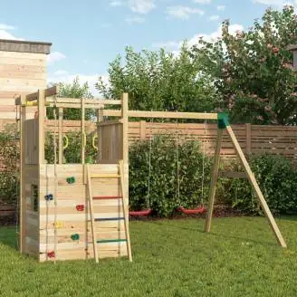 Fungoo Houser Holzspielplatz mit Rutsche, zwei Schaukeln und einem Spielhaus