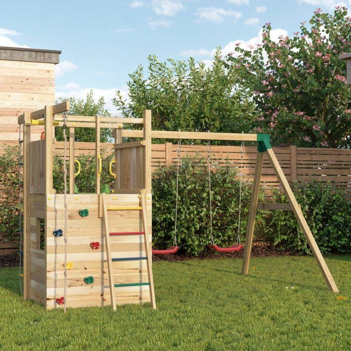 Fungoo Houser Holzspielplatz mit Rutsche, zwei Schaukeln und einem Spielhaus