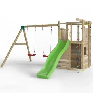 Fungoo Houser Holzspielplatz mit Rutsche, zwei Schaukeln und einem Spielhaus