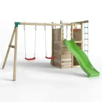 Fungoo Houser Holzspielplatz mit Rutsche, zwei Schaukeln und einem Spielhaus