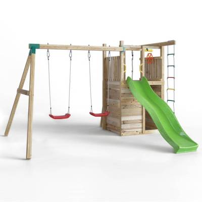 Fungoo Houser Holzspielplatz mit Rutsche, zwei Schaukeln und einem Spielhaus