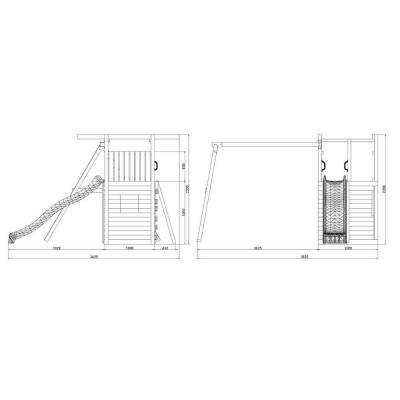 Fungoo Houser Holzspielplatz mit Rutsche, zwei Schaukeln und einem Spielhaus