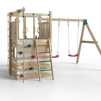 Fungoo Houser Holzspielplatz mit Rutsche, zwei Schaukeln und einem Spielhaus