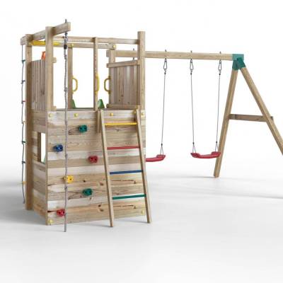 Fungoo Houser Holzspielplatz mit Rutsche, zwei Schaukeln und einem Spielhaus