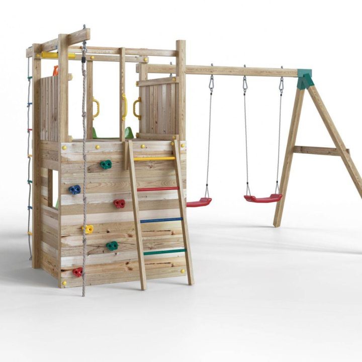 Fungoo Houser Holzspielplatz mit Rutsche, zwei Schaukeln und einem Spielhaus