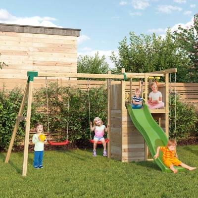 Fungoo Houser Holzspielplatz mit Rutsche, zwei Schaukeln und einem Spielhaus