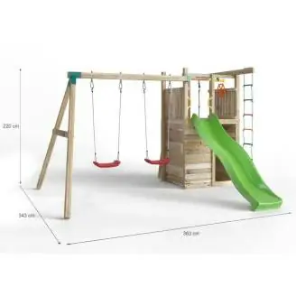 Fungoo Houser Holzspielplatz mit Rutsche, zwei Schaukeln und einem Spielhaus