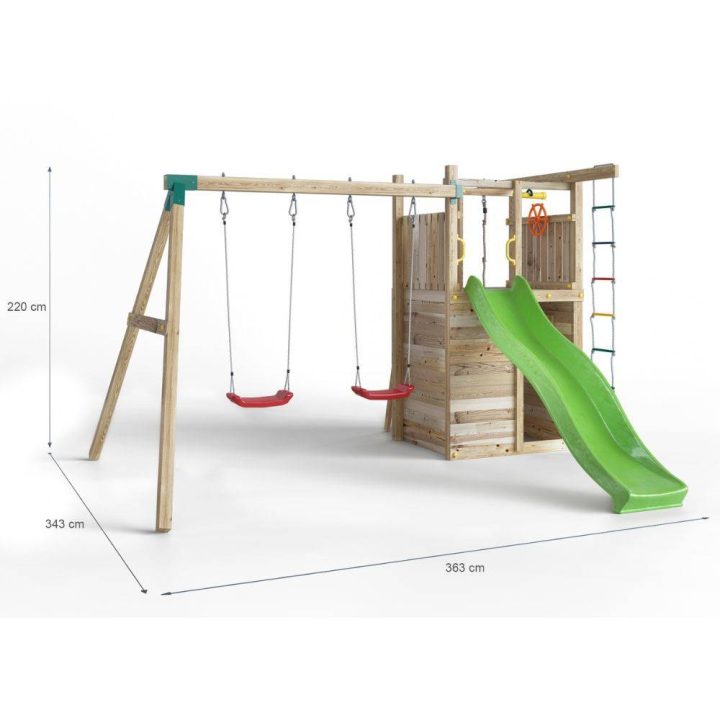 Fungoo Houser Holzspielplatz mit Rutsche, zwei Schaukeln und einem Spielhaus