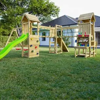 Fungoo Optimizer Holzspielplatz mit Rutsche, Schaukeln, Klettergerüst und Kinderküche