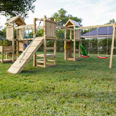 Fungoo Optimizer Holzspielplatz mit Rutsche, Schaukeln, Klettergerüst und Kinderküche