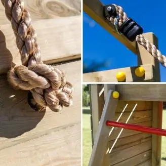 Fungoo Houser Holzspielplatz mit Rutsche, zwei Schaukeln und einem Spielhaus