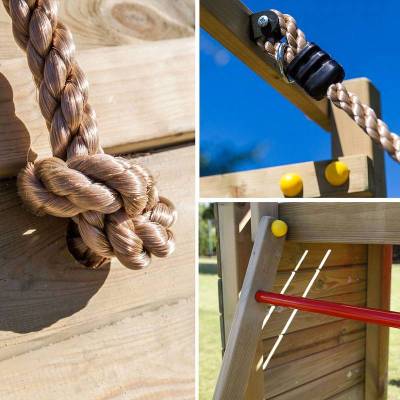 Fungoo Houser Holzspielplatz mit Rutsche, zwei Schaukeln und einem Spielhaus