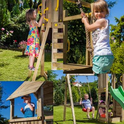 Fungoo Optimizer Holzspielplatz mit Rutsche, Schaukeln, Klettergerüst und Kinderküche