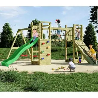 Fungoo Maxi Exposure Holzspielplatz mit Rutsche, Schaukeln, Brücke und Klettergerüst