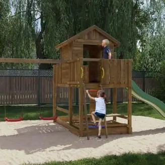 Fungoo Mars Holzspielhaus mit Rutsche, Schaukel, Picknicktisch und Klettergerüst
