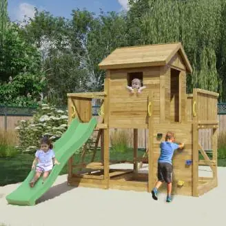 Fungoo Mars Holzspielhaus mit Rutsche, Schaukel, Picknicktisch und Klettergerüst