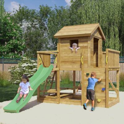 Fungoo Mars Holzspielhaus mit Rutsche, Schaukel, Picknicktisch und Klettergerüst