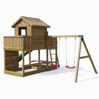Fungoo Mars Holzspielhaus mit Rutsche, Schaukel, Picknicktisch und Klettergerüst