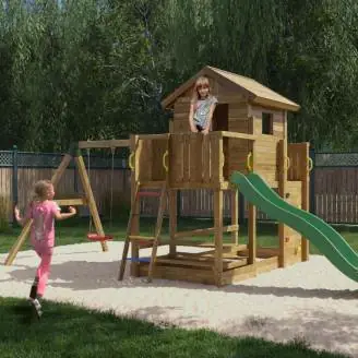 Fungoo Mars Holzspielhaus mit Rutsche, Schaukel, Picknicktisch und Klettergerüst