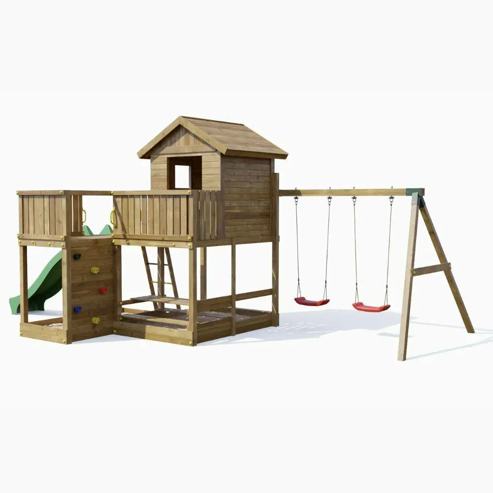 Fungoo Pluto Holzspielhaus mit Rutsche, zwei Schaukeln, Picknicktisch, Klettergerüst und Sandkasten